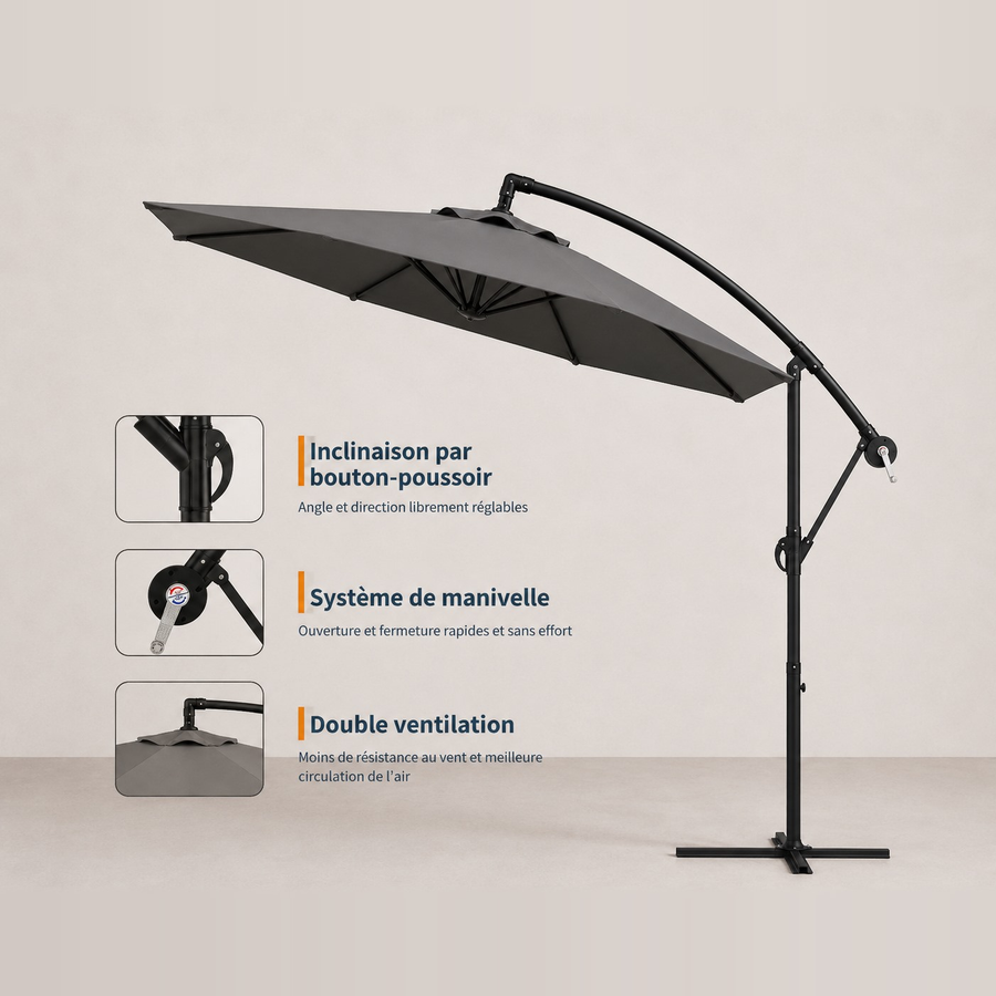 Parasol déporté 300 cm en tissu et acier Lumio – Gris Anthracite