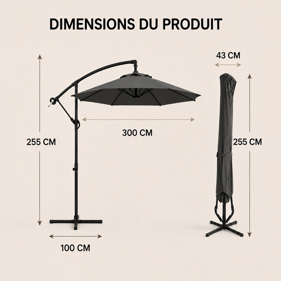 Parasol déporté 300 cm en tissu et acier Lumio – Gris Anthracite