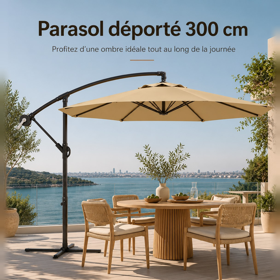 Parasol déporté 300 cm en tissu et acier Lumio – Sable