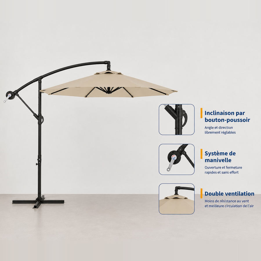 Parasol déporté 300 cm en tissu et acier Lumio – Sable