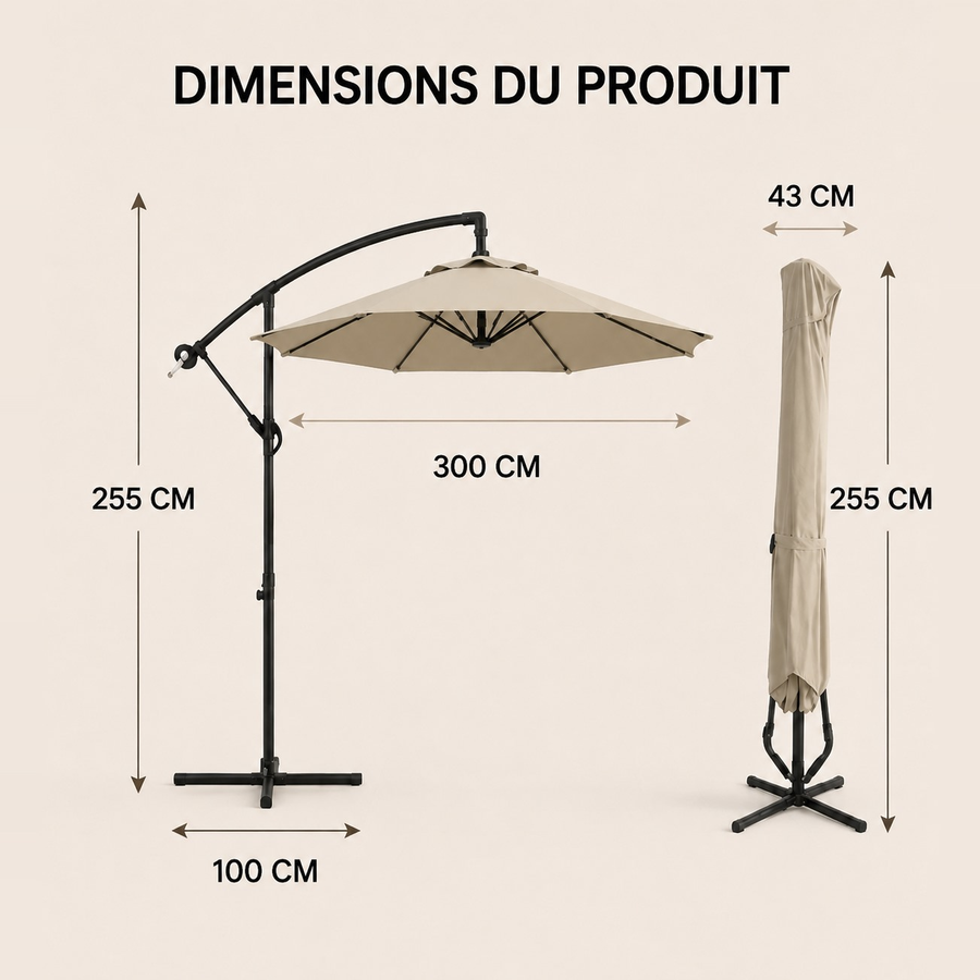 Parasol déporté 300 cm en tissu et acier Lumio – Sable