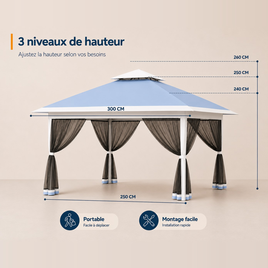 Tonnelle de jardin 3 × 3 m en acier et polyester Ombrio – Bleu marine