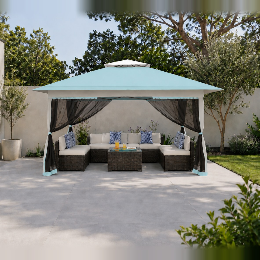 Tonnelle de jardin 3 × 3 m en acier et polyester Ombrio – Bleu ciel