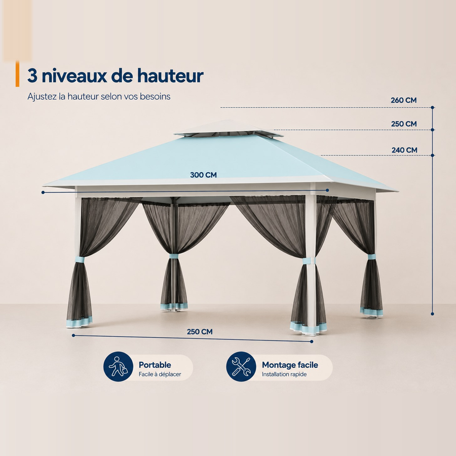 Tonnelle de jardin 3 × 3 m en acier et polyester Ombrio – Bleu ciel