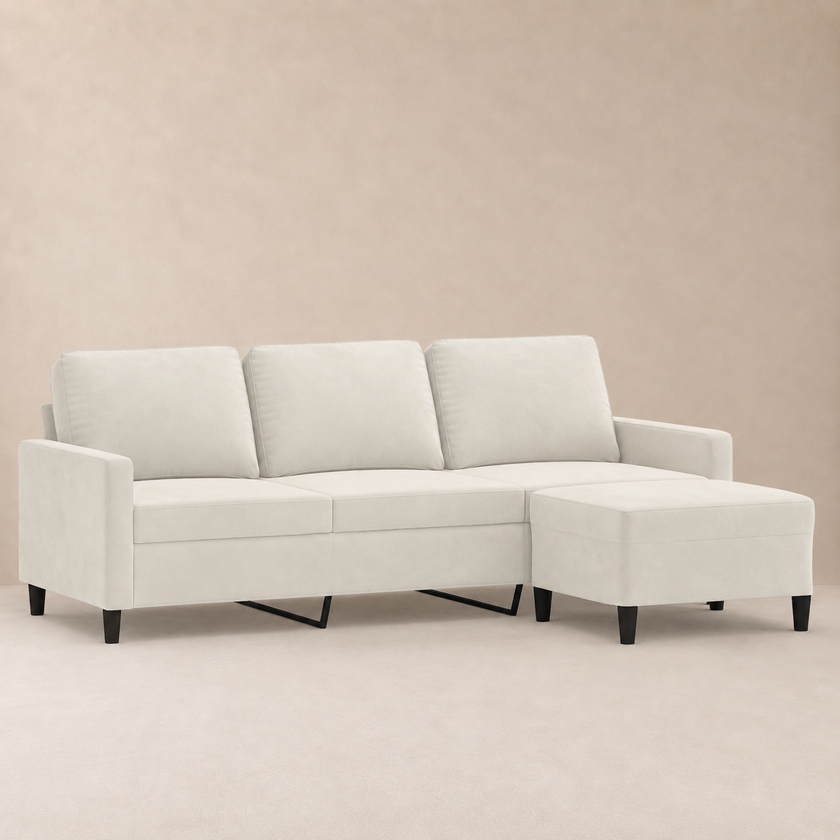 Canapé 3 places avec repose-pieds en velours Séléné – Crème