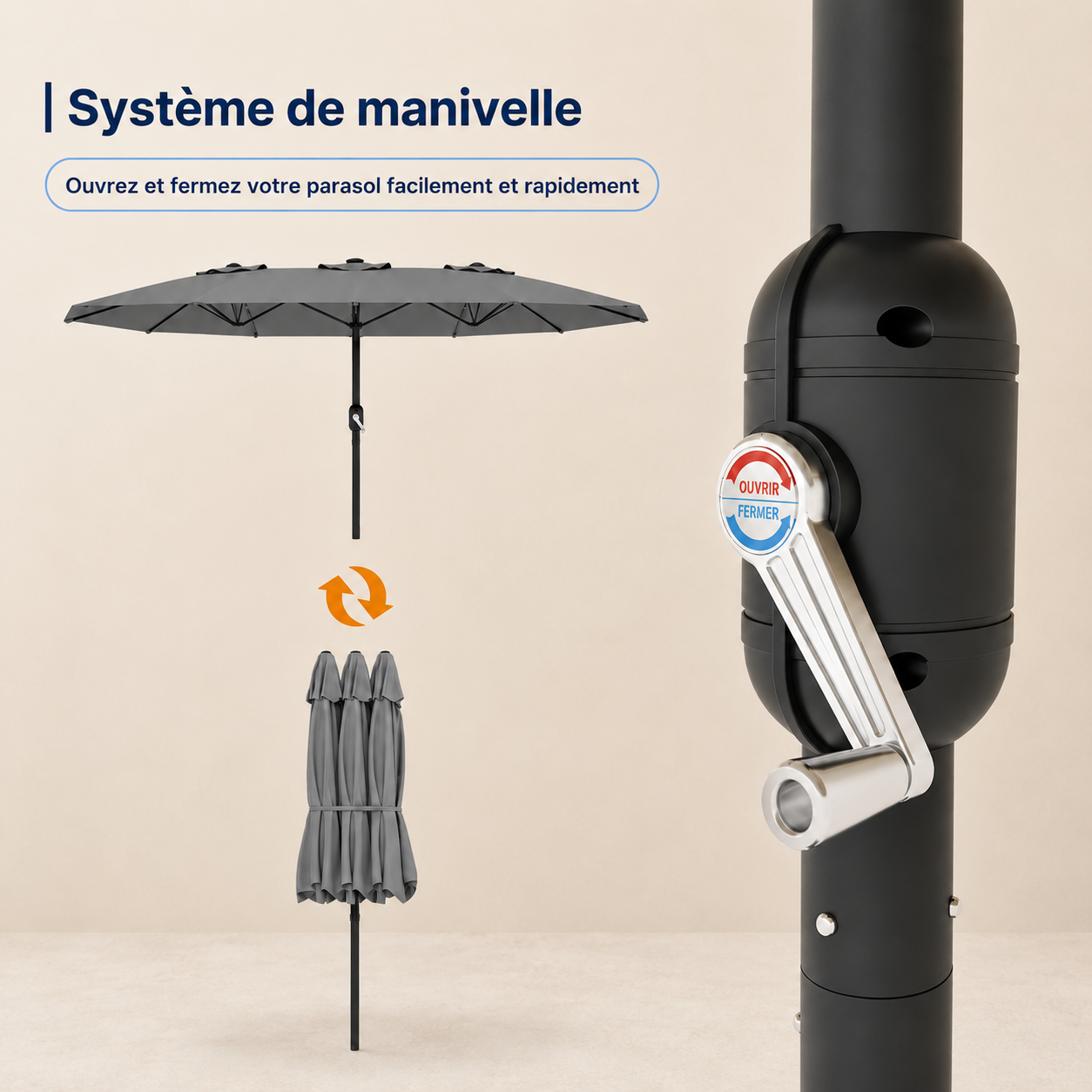 Parasol de jardin rectangulaire Solario — 270 × 460 cm, double manivelle