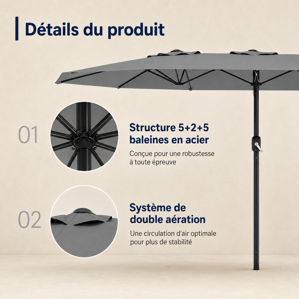 Parasol de jardin rectangulaire Solario — 270 × 460 cm, double manivelle