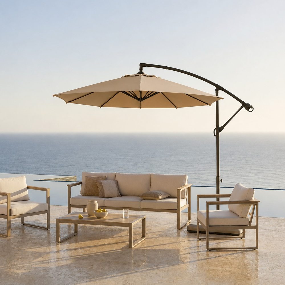 Parasol déporté 300 cm en tissu et acier Lumio – Sable
