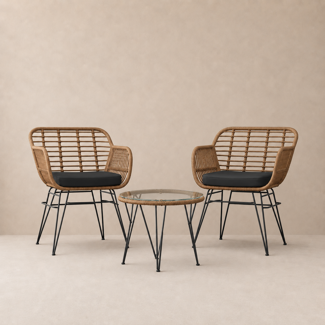 Salon de jardin Cozio — 2 fauteuils & table en verre trempé, rotin synthétique