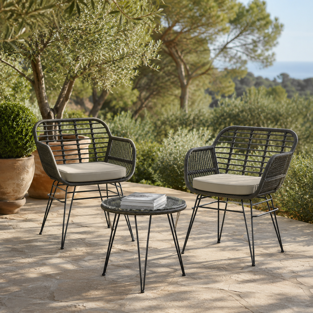 Salon de jardin 2 fauteuils et table en rotin synthétique Cozio – Gris