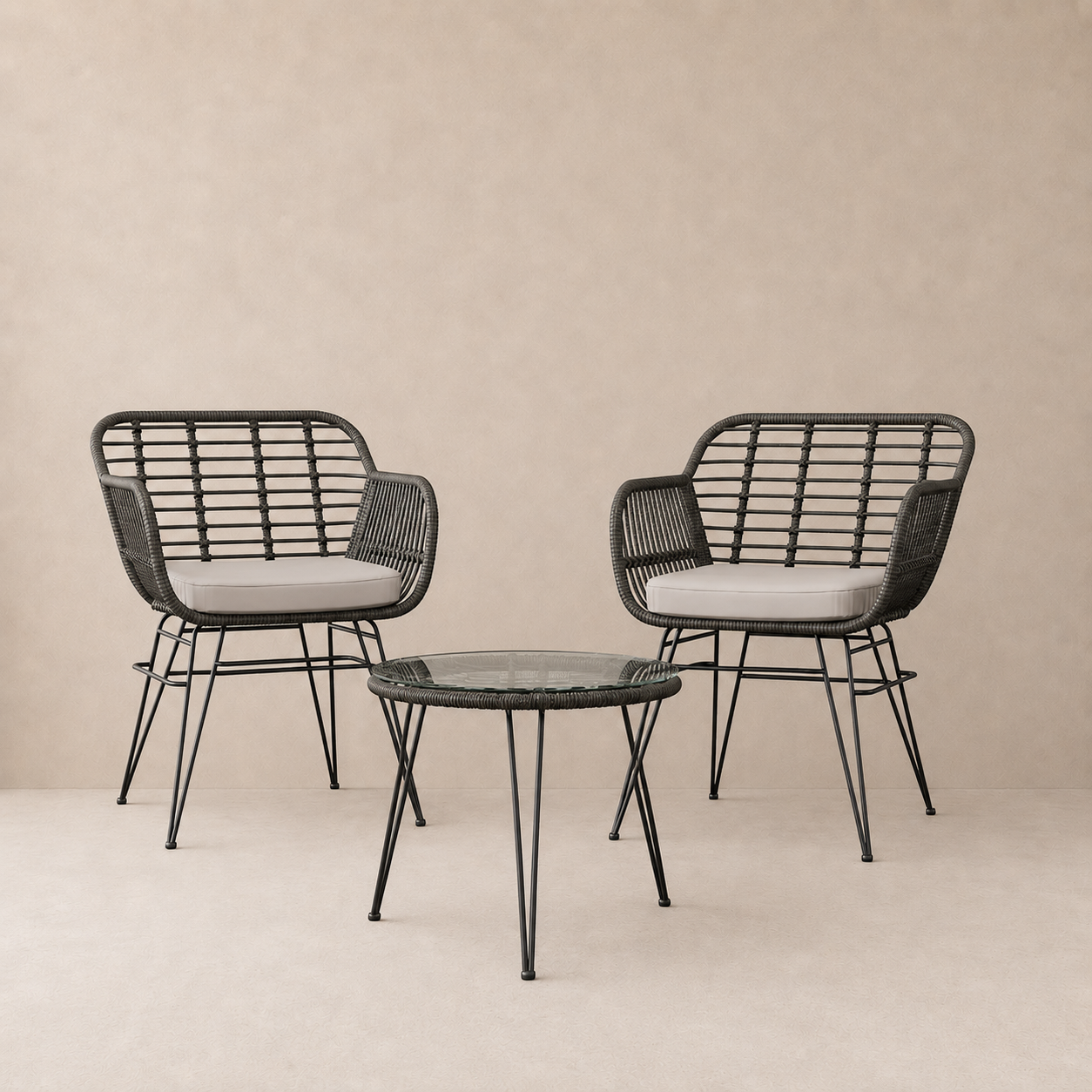 Salon de jardin Cozio — 2 fauteuils & table en verre trempé, rotin synthétique