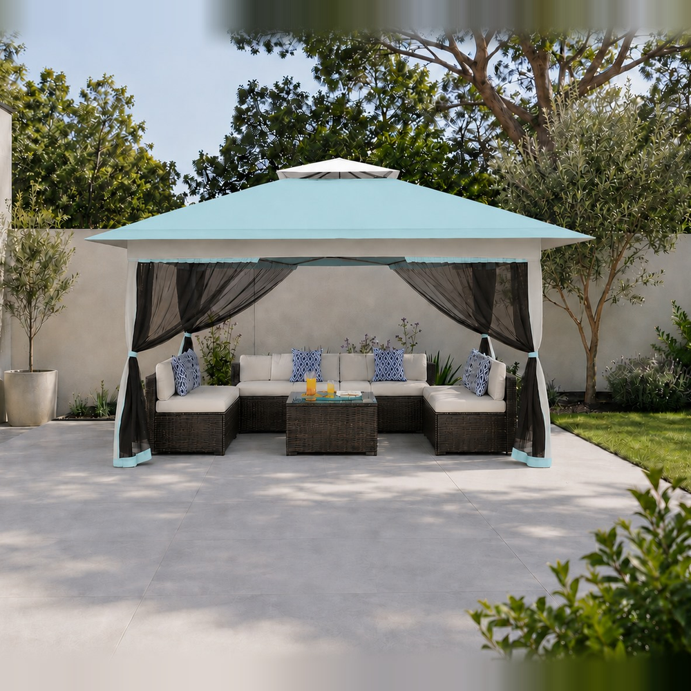 Tonnelle de jardin 3 × 3 m en acier et polyester Ombrio – Bleu ciel
