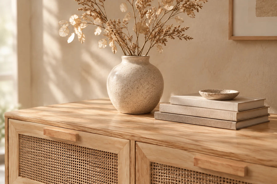 Détail d'un meuble en bois et rotin tressé