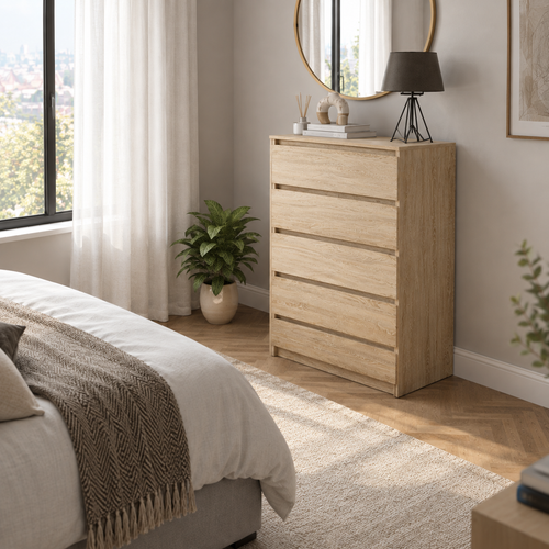 Commode haute 5 tiroirs en bois Atlas – Chêne sonoma