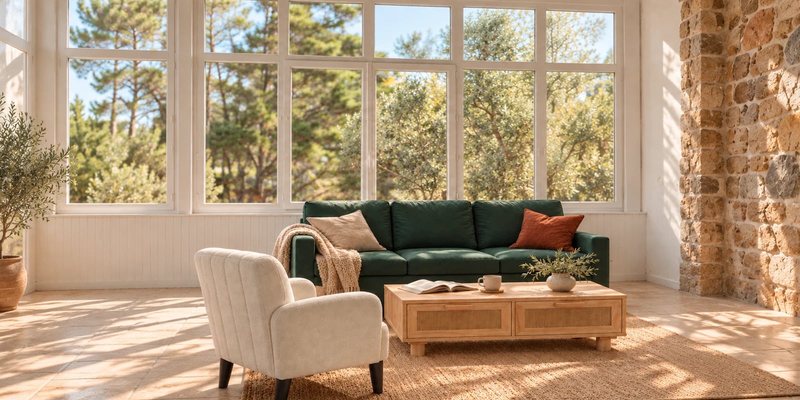 Véranda lumineuse avec le canapé en velours vert Quartio, la table basse Ibiza en rotin et le fauteuil Arcachon crème
